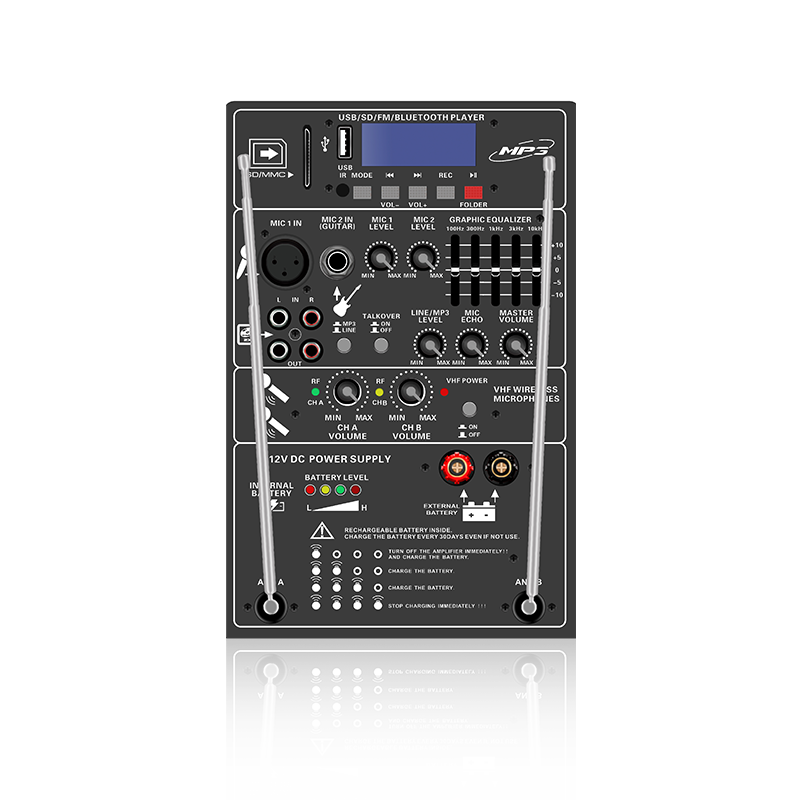 PL13-5EQ: 2 つのマイクチャンネルとボリュームコントロール、5 バンドグラフィックイコライザー付き充電式スピーカー機能モジュール