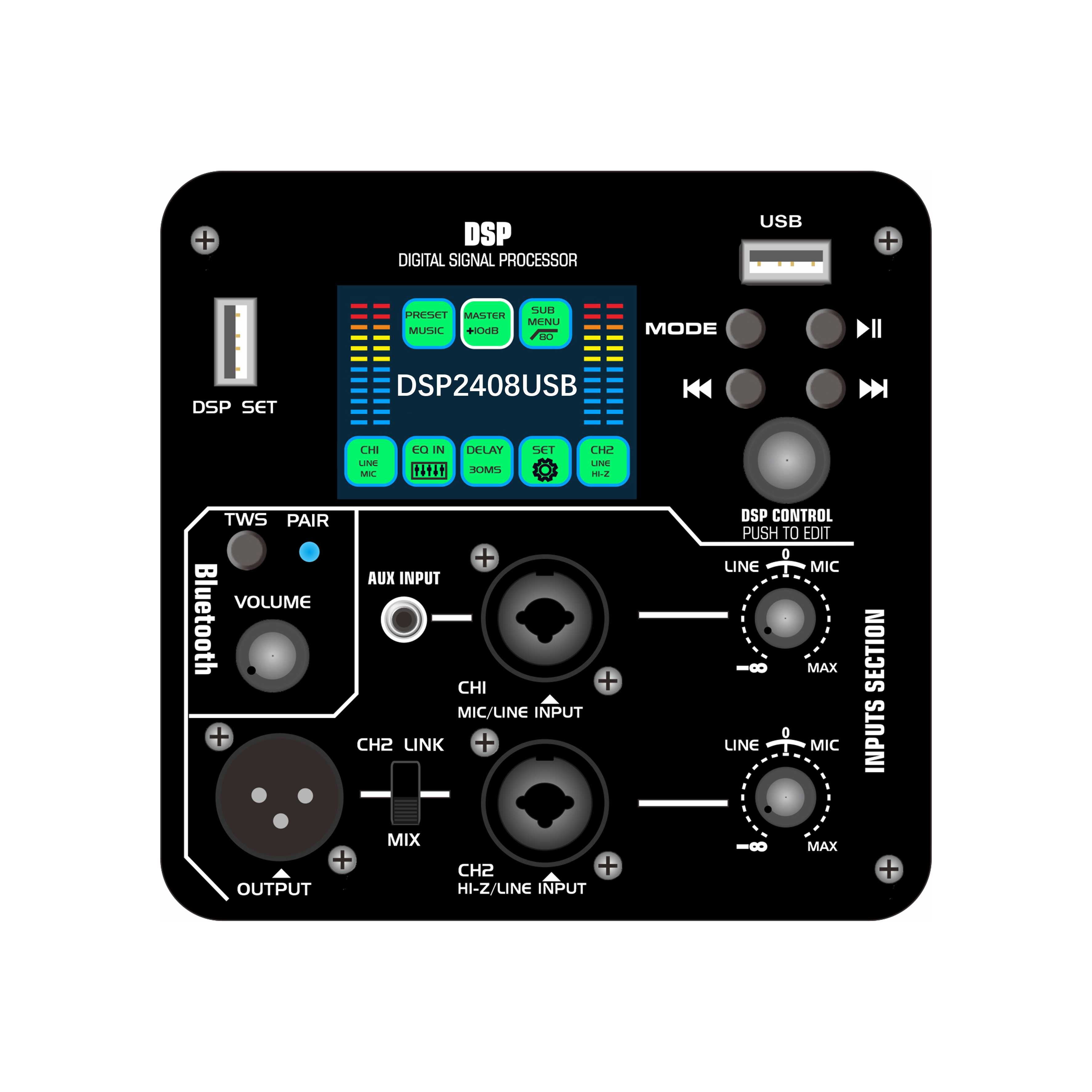 DSP2408USB カラースクリーン DSP アクティブパワーアンプ、USB フラッシュドライブオーディオ再生機能付き